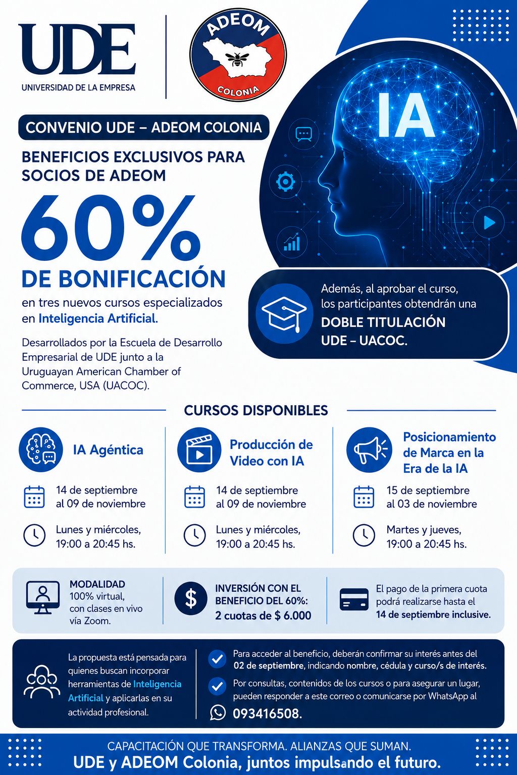 Convenio UDE y ADEOM Colonia - Cursos de Inteligencia Artificial con 60% de bonificación